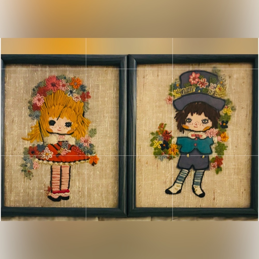 Vintage MCM Crewel Embroidery Barbara Keane's BIG EYES Boy & Girl Pair Art Work - Picture 9 of 11